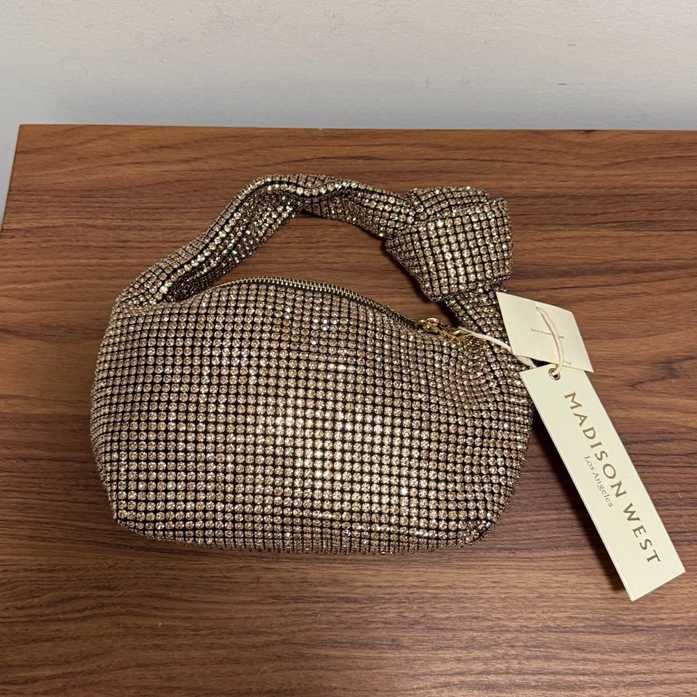 NWT Madison West Champagne Rhinestone Bag with a Knotted Top Handle.